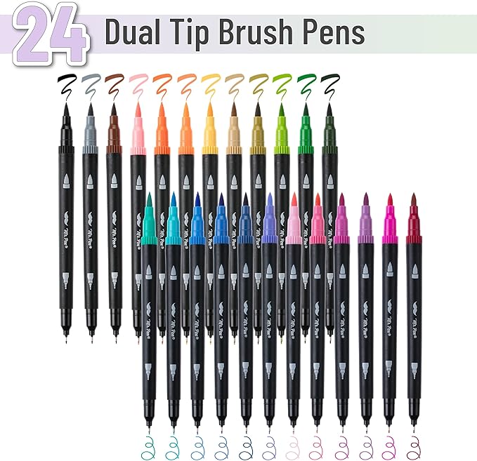 Mr. Pen- Dual Tip Brush Pens, 24 pcs, Assorted Color, Fine & Brush Tip Markers for Adult Coloring Markers for Adults
