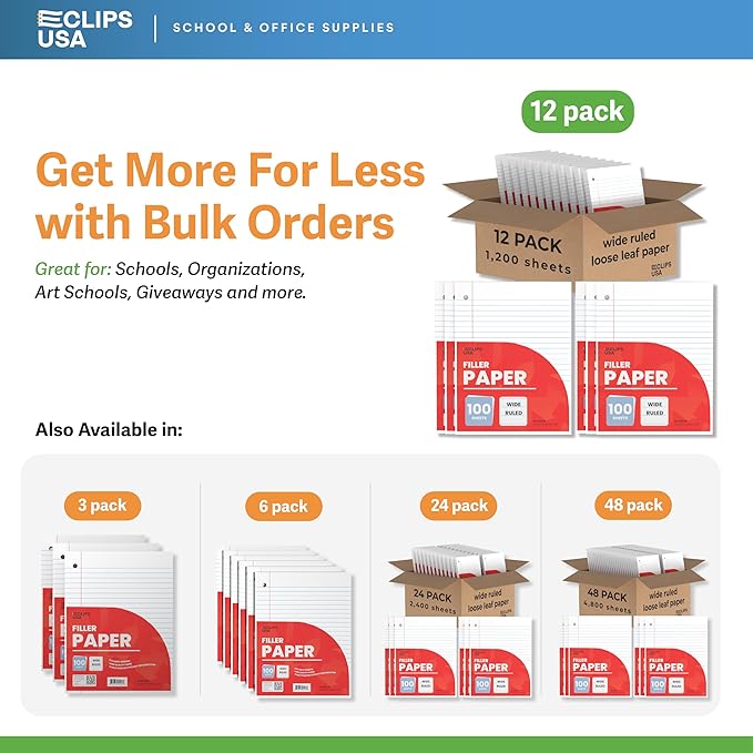 Wide Ruled Loose Leaf Paper Wide Ruled Notebook Paper Lined Writing Filler Paper 10.5” x 8” 56 gsm 1200 Sheets 100 Sheet Per Pack (12 Pack)
