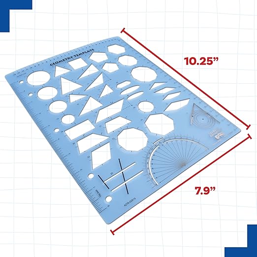 LEARNING ADVANTAGE Geometry Template | Sturdy Geometric Stencil to Draw 2D Shapes and Measure Angles | Includes Ruler and Number Line with Negative Values