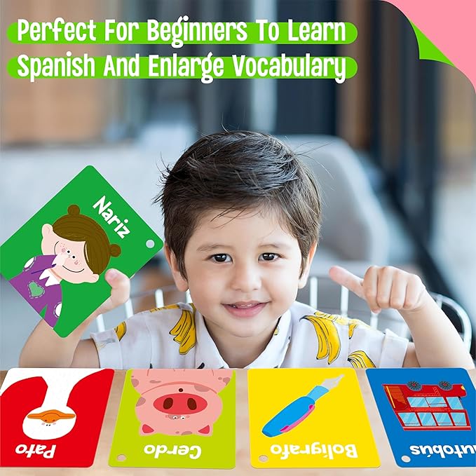 110 PCS Early Learning Flashcards, Double-Sided Spanish Cards- Alphabet, Numbers, Foods, Animals, Shapes, Colors, Emotions with 4 Reclosable Rings, Learning Tool for Pre-K Kindergarten Toddlers