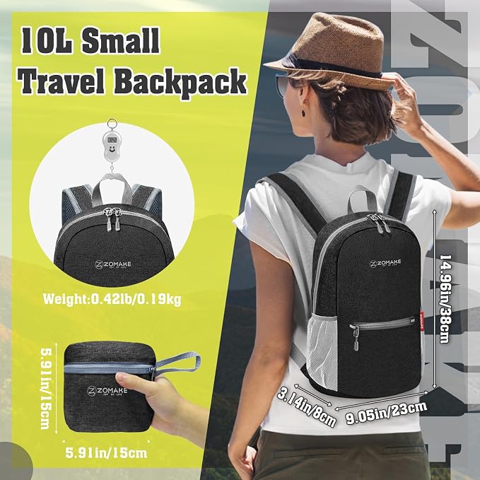 ZOMAKE Lightweight Packable Backpack, 10L Small Foldable Daypack for Hiking | Water Resistant Collapsible Backpacks for Women Men, Everyday Carry, Multi Compartment Storage, Adjustable Strap(Black A5)