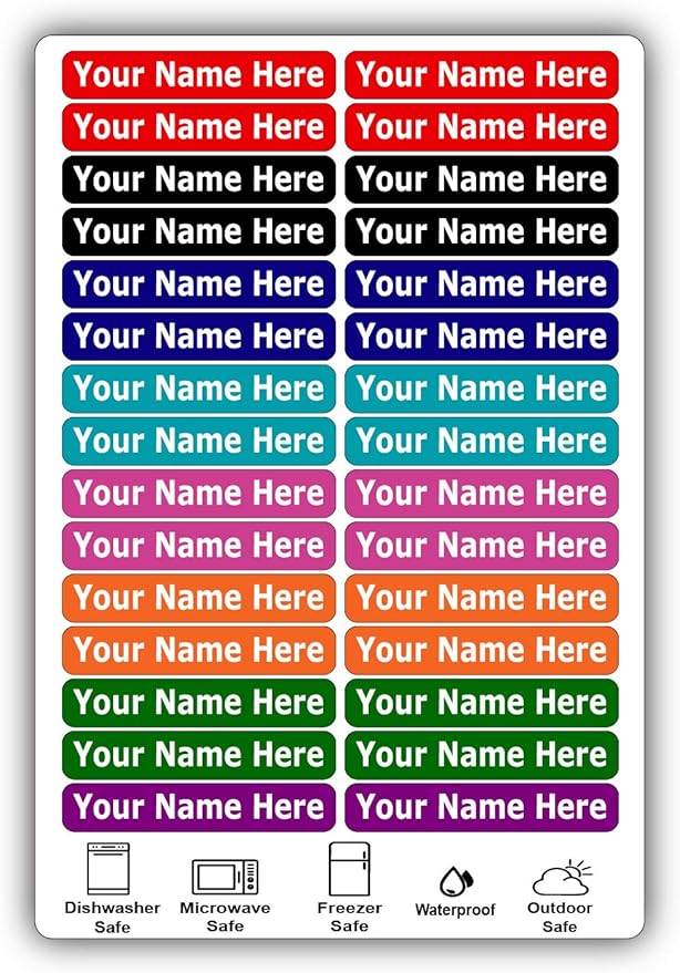 30 Long Personalized Waterproof Name-Labels. Press and Stick Multi-Use Custom ID Stickers. Customized Your Text and Color. Permanent Self-Adhesive Identification Labels.