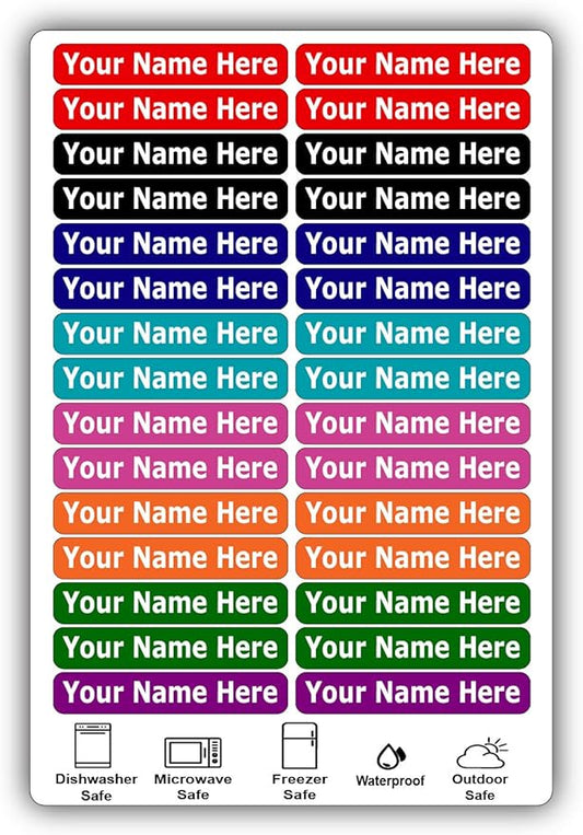 30 Long Personalized Waterproof Name-Labels. Press and Stick Multi-Use Custom ID Stickers. Customized Your Text and Color. Permanent Self-Adhesive Identification Labels.