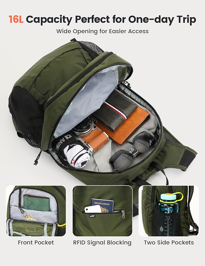 SKYSPER Hiking Backpack Ultralight Packable RFID Travel Daypack Small Nylon Stuff Pack 16L Outdoor Bag for Women Men