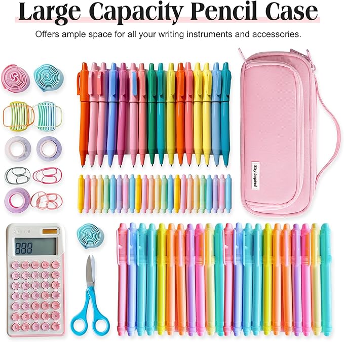 Ralnitote Large Pencil Case for Girls and Boys, Aesthetic Pencil Case Organizer with Handle, Cute Pencil Pouch for School & Office Supplies-Pink