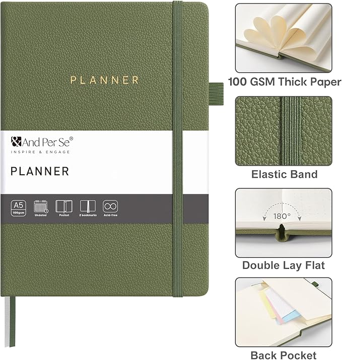 And Per Se Undated Planner, Weekly & Monthly Planner with Goal & Habit Tracker, A5 Leather Hardcover Productivity Journal for Academic Year (Olive Green)