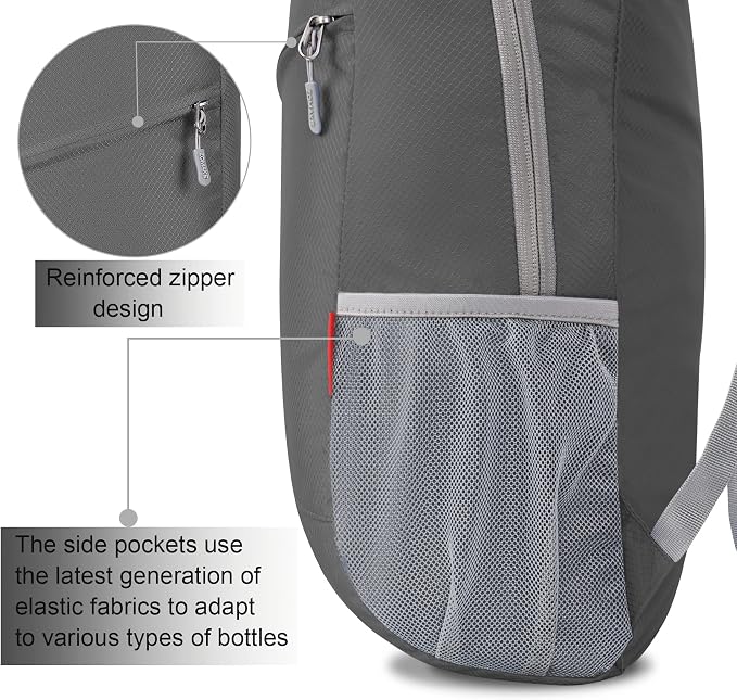 ZOMAKE Lightweight Packable Backpack 20L, Foldable Small Daypack for Hiking | Water Resistant Backpacks Day Bag for Travel Outdoor Camping Sport, Everyday Carry, Multi Compartment Storage(Medium Grey)