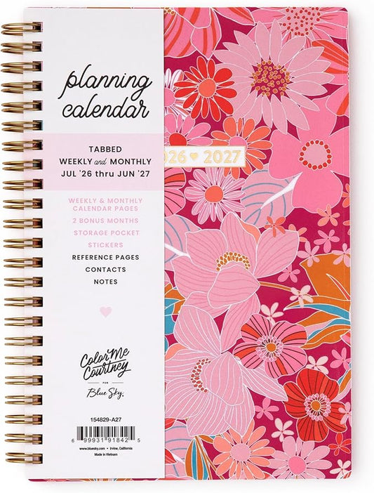 Blue Sky Color Me Courtney 2026-2027 Weekly and Monthly Academic Year Planner Calendar, July 2026 - June 2027, 5" x 8", Flexible Cover, Wirebound, Laminated Tabs, Storage Pocket, Includes Stickers, Bloom Pink