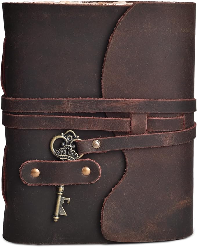 LEATHER VILLAGE Vintage Leather Journal – 200 Handmade Vintage Deckle Edge Paper – Leather bound Journal For Women Men – Vintage Key Closure - Book of Shadows - Chocolate Brown - 10X7 inches