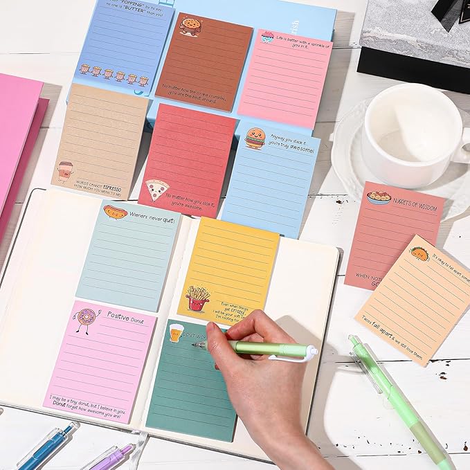 AmazingSpark 12 Pcs Cute Inspirational Sticky Notes, 4 * 3 Motivational Notepads Positive Emotional Support Gift Funny Lined Memo Note Pads for Office Desk Supplies Coworker Employee(Foods,Drinks)