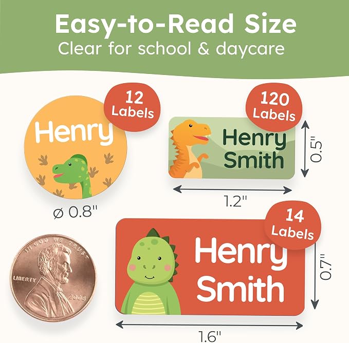 Personalized Daycare Name Labels for Kids [140pcs, Jurassic] - Waterproof Name Stickers for School, Baby Bottles & Clothing - Custom Name Stickers - Washable Stick On Labels (Various Sizes)