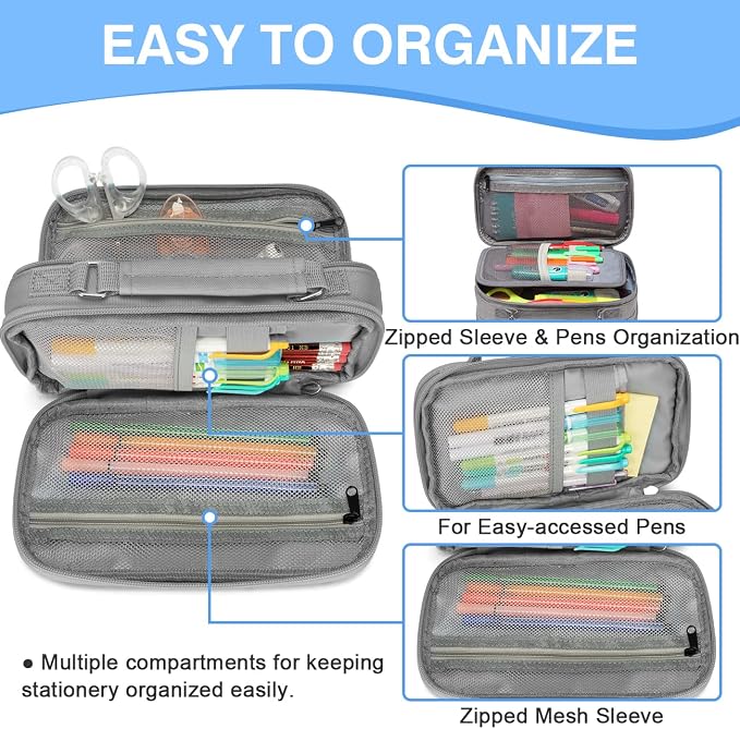 VASCHY Pencil Case, Large Pencil Pouch with Compartments for Middle School,Work,Office Pen Organizer Holder School Supply Gray