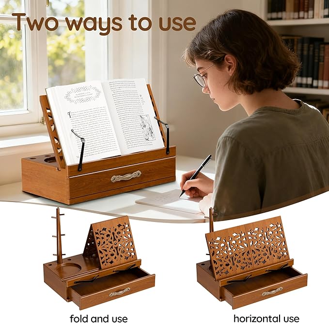 Adjustable Wooden Book Stand with Storage - Multi-Function Hands Free Book Holder for Books, Tablets & Recipes with Cup Slot, Pen Groove & Page Holder - Perfect Kitchen Counter & Gifts for Book Lovers