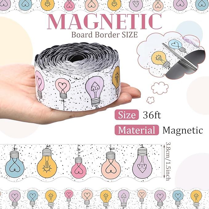 Tellegloww 36 ft Scalloped Magnetic Border Light Bulb Magnetic Border for Whiteboard Bulletin Board Borders Reusable Rolled Borders Trim for Office Chalkboard