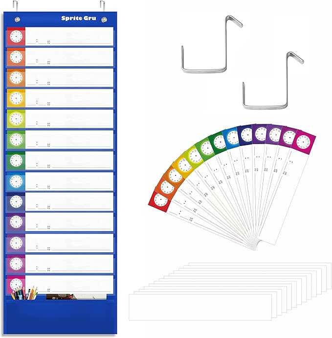 Daily Schedule Pocket Chart, Classroom Charts with 13+1 Pockets, 13 Double-Sided Reusable Colored Cards, 13 Blank Ones and 2 Over-Door Mounting Hangers Include (Blue, 13” x 36”)