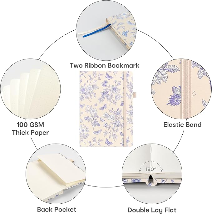 &And Per Se Dotted Journal Notebook, A5 Hardcover Aesthetic Dotted Notebook – 160 Pages 100gsm Thick Dot Grid Paper, 3 Sticker Sheets – Gift-Ready Journaling Kit for Women (Blue Flowers)