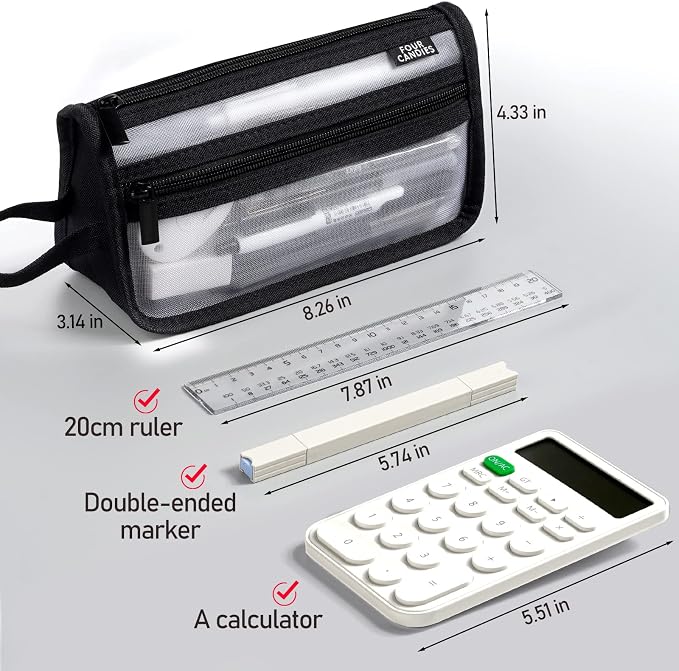 Four Candies Grid Mesh Pencil Case, Clear Double-layer with Handle (Black) | Smooth Zipper, Transparent Pencil Pouch, Cute Stationary, Makeup Bag, Travel Friendly, for Adult Office College