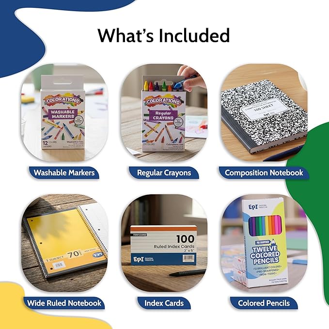 EPI Essentials Back to School Supplies for Kids 4th - 6th Grade – 70 Items in Kit – Elementary School Supply Packs – Wide-Ruled Bundle with Composition Notebooks – Suitable for Homeschooling