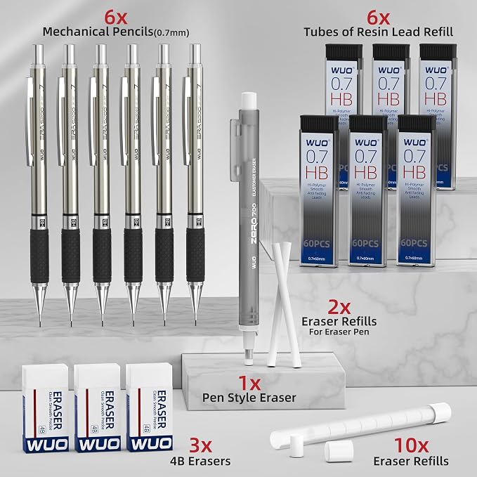 WUO 0.7 mm Mechanical Pencil Set with Eraser Pen Storage Case, 6 PCS | Metal Drafting Pencils, 360 HB Lead Refills, 3x4B Erasers, 12 Eraser Refills for School Artist Writing Drawing Sketching