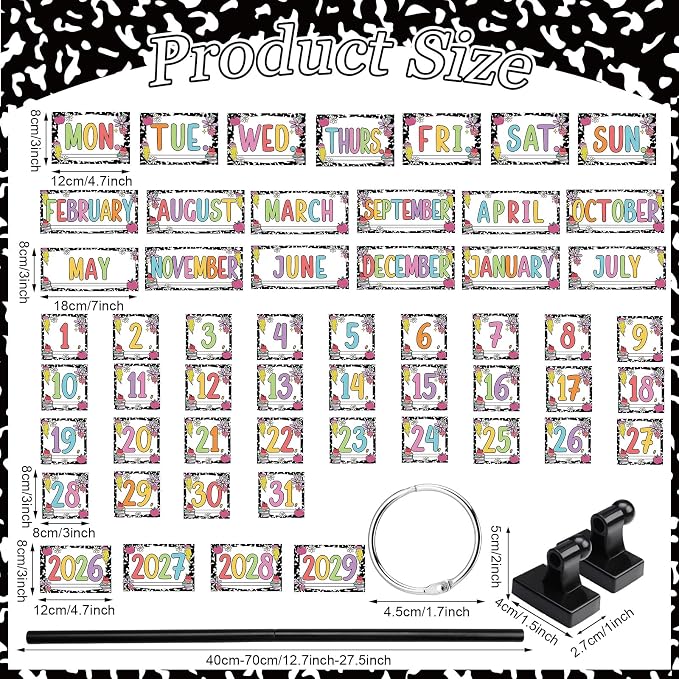 TecUnite Composition Magnetic Adjustable Flip Calendar Bulletin Board Set Back to School Magnetic Rod Calendar Holder 2026-2029 Year Includes 54 Date Cards for Whiteboard Composition Classroom Decor