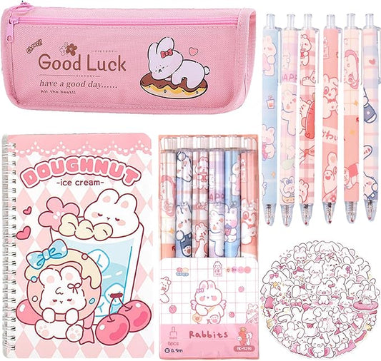 58PCS Cute Rabbit School Supplies Set Kawaii Stationery Kit Back to School, Including Notebook,Gel Pens,Pencil Case,Stickers,Festival Holiday Birthday Party Favors Easter Basket Stuffers