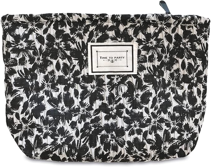 STARDW Aesthetic Floral Makeup Bag Cute Small Cosmetic Bags for Women Girls, Travel Toiletry Bag Large Capacity Zipper Makeup Pouch, Purse Organizer Pouches (Black Flowers)