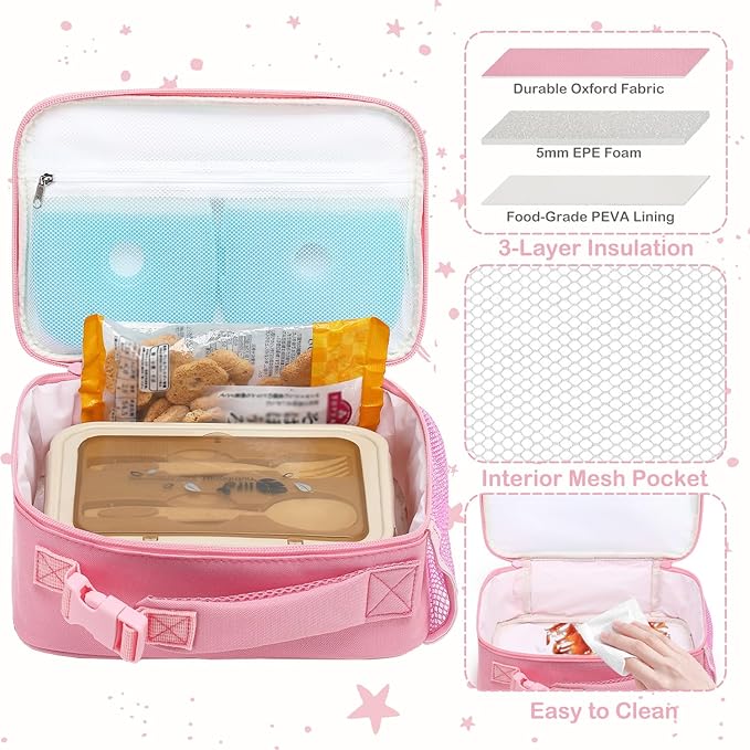 FlowFly Kids Lunch box Insulated Soft Bag Mini Cooler Back to School Thermal Meal Tote Kit for Girls, Boys, Glitter-Unicorn