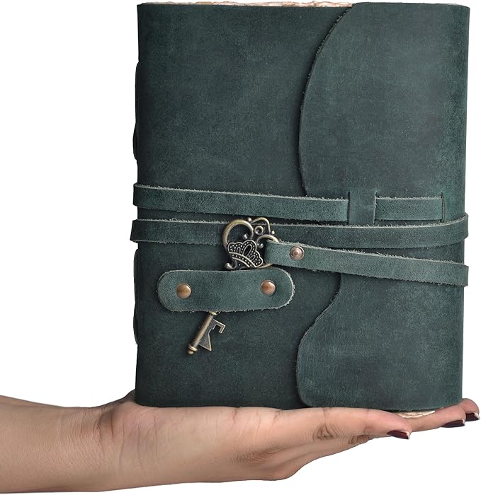 LEATHER VILLAGE Vintage Leather Journal – 200 Handmade Vintage Deckle Edge Paper – Leather bound Journal For Women Men – Vintage Key Closure - Book of Shadows - Turquoise - 13X8 inches