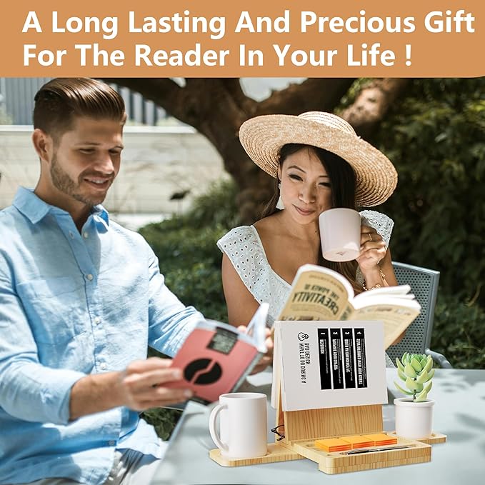 Triangle Book Holder Stand, Wooden Book Nook Reading Valet, Book Rest with Cup, Glasses & Pen Holder, Book Display Stand for Reading in Bed, Coffee and Book Lovers (Yellow)