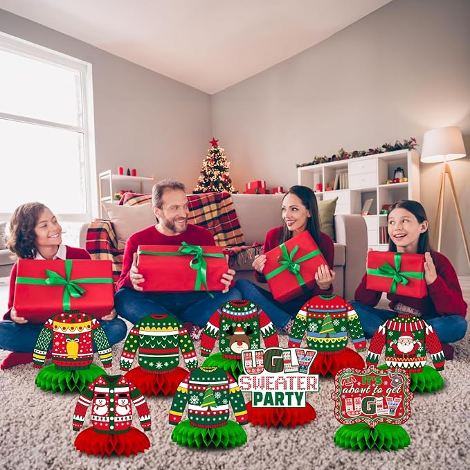 Christmas Ugly Sweater Party Decorations Honeycomb Centerpiece,9Pcs Ugly Sweater Centerpieces for Tables,3D Xmas Table Topper Xmas Table Centerpieces for Merry Christmas Holidays Decoration