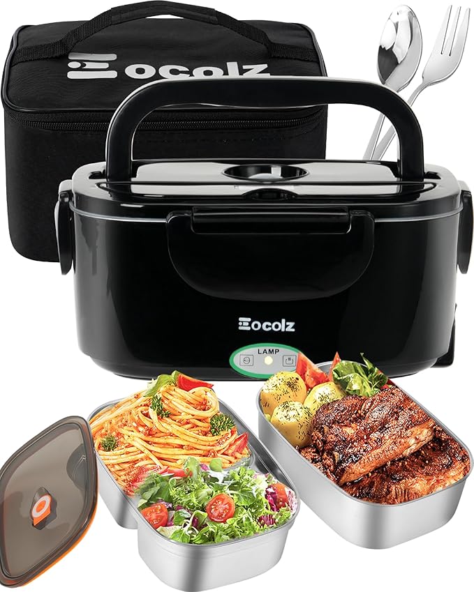 Eocolz Electric Lunch Box Food Heater 80-100W, Food Warmer with Dual Container 1.5L Portable Heated Lunch Box for Car Truck Work Stainless Steel Fork & Spoon 12/24/110V for Adults Lonchera Eléctrica