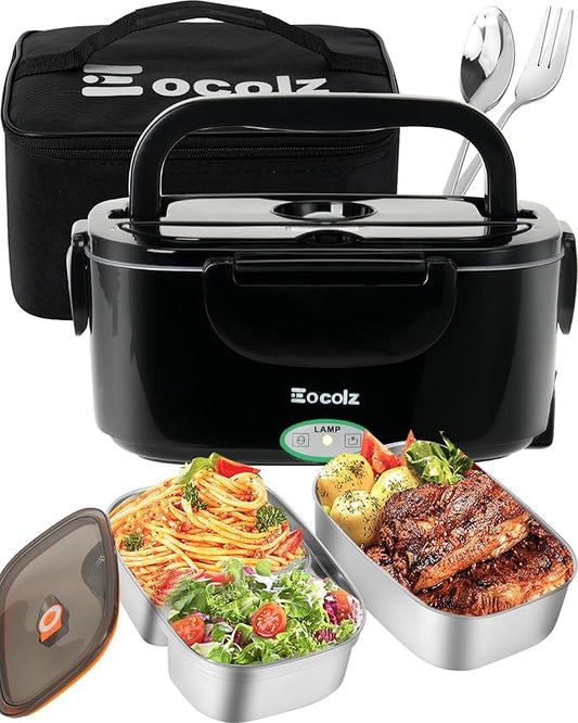 Eocolz Electric Lunch Box Food Heater 80-100W, Food Warmer with Dual Container 1.5L Portable Heated Lunch Box for Car Truck Work Stainless Steel Fork & Spoon 12/24/110V for Adults Lonchera Eléctrica