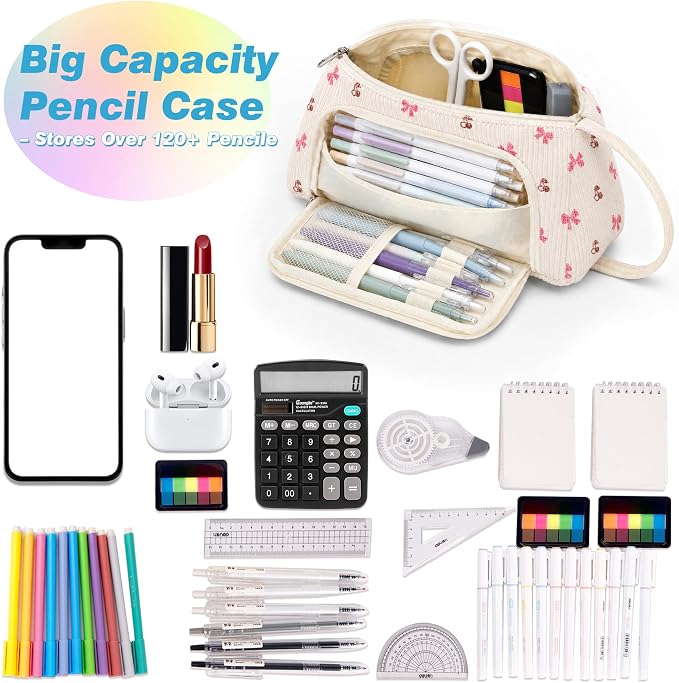 Big Capacity Pencil case,Soft Corduroy Pencil Bag with 3 Compartment Pouch Bag for School Supplies Office for Teen Girls Boys Women Man (Bow With Cherry)
