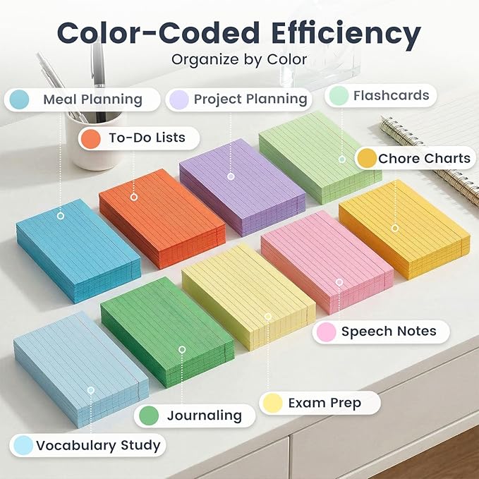 Koogel Index Cards 4x6 Inch, 180 Count, Colored Large Flash Card for Studying, Heavy Notecard Note Taking for School Students Teachers College Office Home Supplies, 9 Assorted Colors
