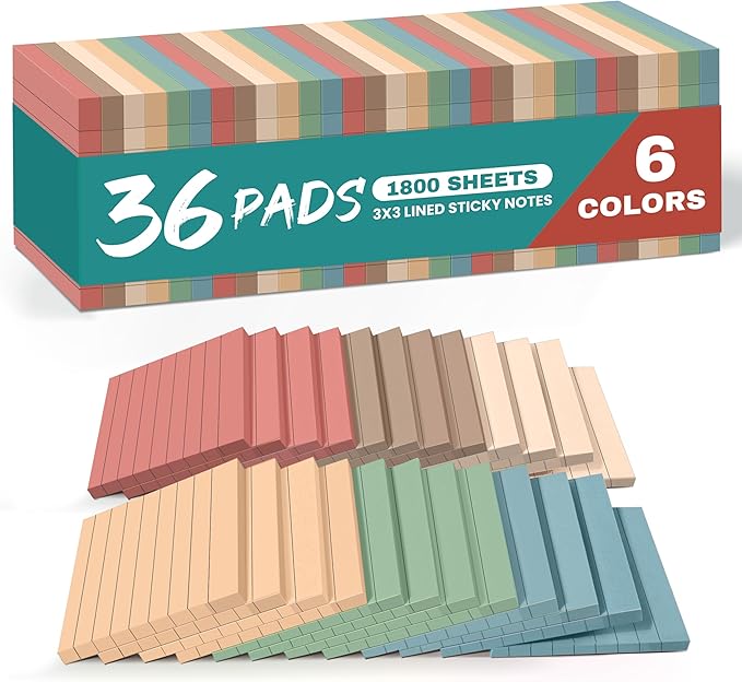 Lined Sticky Notes, 36 Pads, 3x3 Inches Self-Stick Note Pads, Perfect for Office, Study, and Daily Life Organization - Vintage