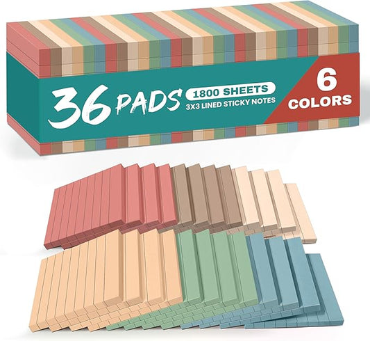 Lined Sticky Notes, 36 Pads, 3x3 Inches Self-Stick Note Pads, Perfect for Office, Study, and Daily Life Organization - Vintage