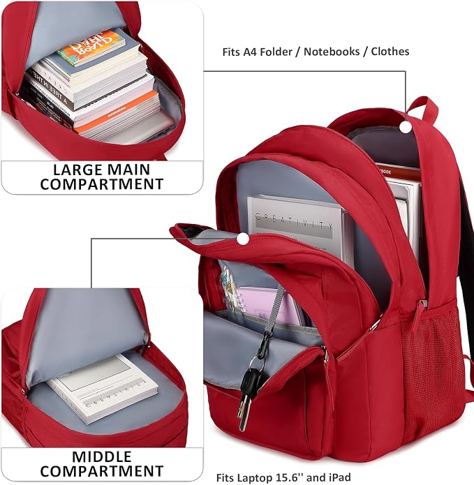 abshoo Girls Solid Color Backpack For College Women Water Resistant Large School Bag (Red)