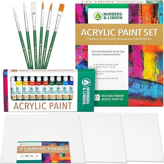 Norberg & Linden Acrylic Paint Set -12 Acrylic Paints, 6 Paint Brushes for Acrylic Painting, 3 Painting Canvas Panels - Premium Art Supplies for Adults Canvas Painting