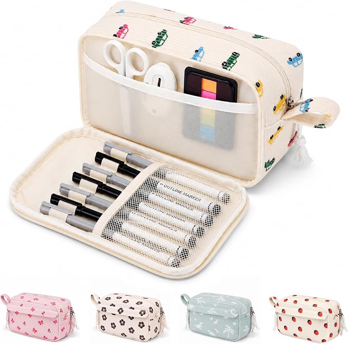 Big Capacity Pencil case,Soft Corduroy Pencil Bag with 3 Compartment,Pencil Pouch School Supplies Cute Pencil Box Pencil Bag for Teen Girls Boys College (Colorful Car)