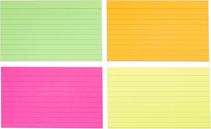 Amazon Basics Ruled Index Flash Cards for Studying and Note Taking, Assorted Neon Colored, 3x5 Inch, 300-Count (Pack of 10)