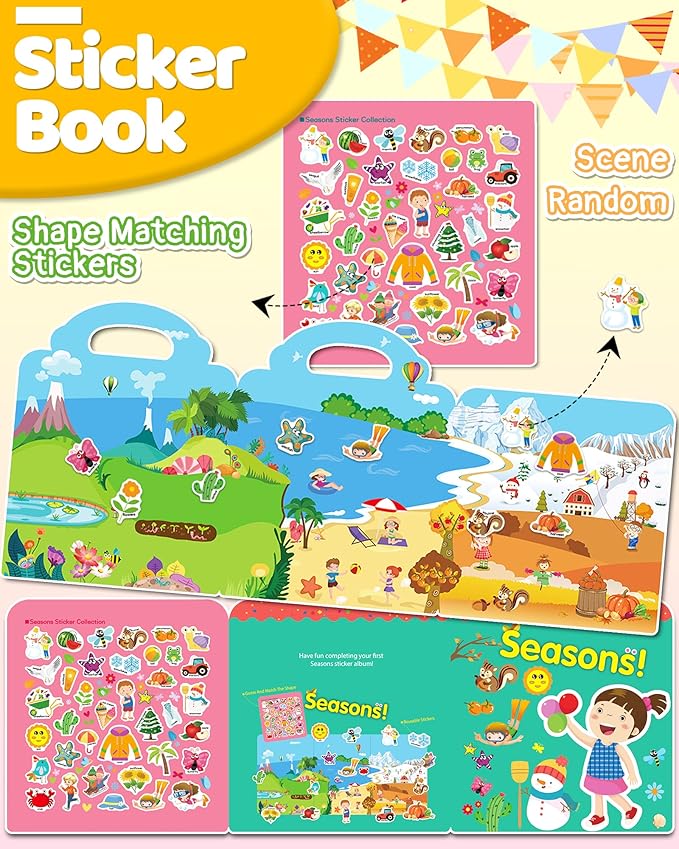 Benresive Reusable Sticker Book for Toddlers, Travel Stickers for Kids, Toddler Crafts Activities Toys, Birthday Gifts for Boys & Girls - Season