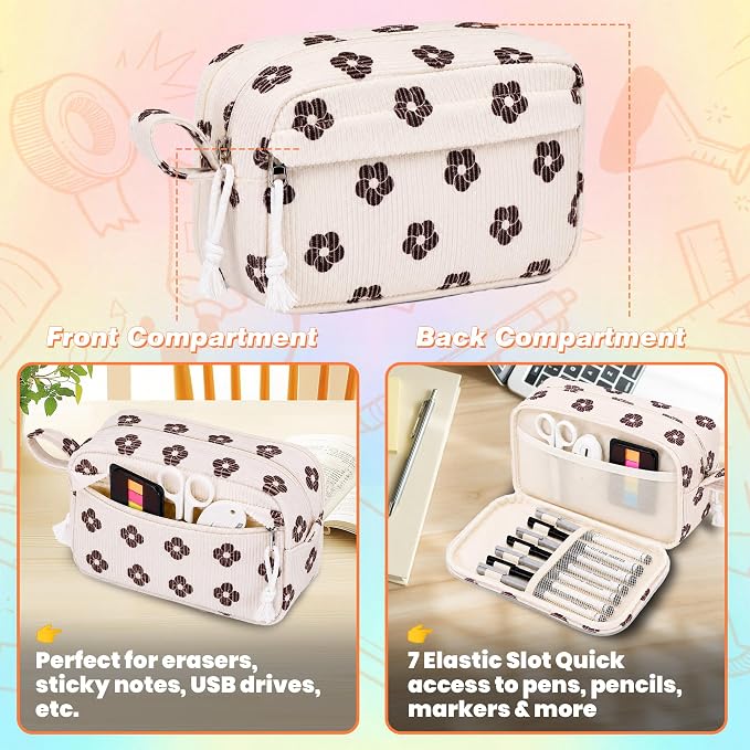 Big Capacity Pencil case,Soft Corduroy Pencil Bag with 3 Compartment,Pencil Pouch School Supplies Cute Pencil Box Pencil Bag for Teen Girls Boys College (Brown Floral)