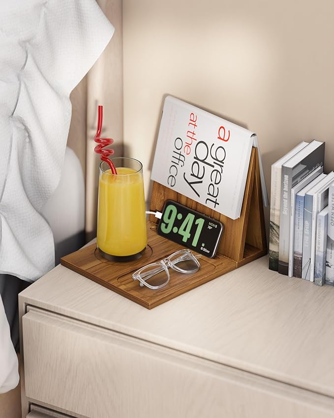 Triangle Book Holder, Book Rest, Acacia Foldable Book Nook Reading Valet, Triangle Book Stand with Cup, Pen, Glasses and Phone Holder for Bedroom, Nightstand or Office, Gifts for Book Lover