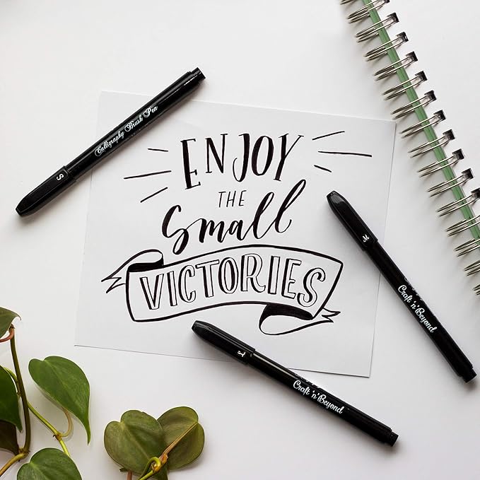 Craft 'n' Beyond Calligraphy Brush Pens Pack of 3 Small, Medium and Large Markers for Hand Lettering, Art Drawing, Sketching, Scrapbooking, Writing, Journaling - Beginner Kit with Fadeproof Black Ink