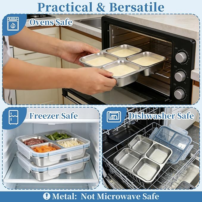 2 Pack Stainless Steel Snack Containers, Leakproof 4 Compartment Meal Prep Containers with Lids, Reusable Metal Bento Box for Adults Office Travel Gym Lunch Box for Work Dishwasher Safe