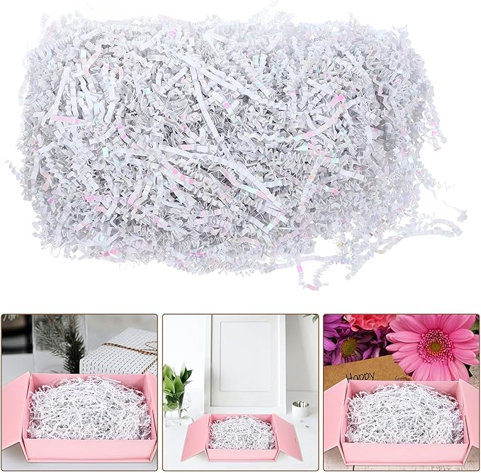 TEHAUX Colorful White Raffia Paper Shred Basket Filler 100g Pack, Crinkle Wrapping Box Filler for Packaging, Decorative Basket Stuffing for Presents and Crafts