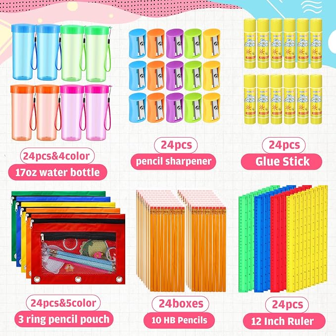 168 Pcs/24 Sets School Supplies Kit Bulk Back to School Essentials Schools Backpack Donation Water Bottle Pencil Pouch HB Pencil Plastic Rulers Sharpener Glue Stick Christmas Donation Set