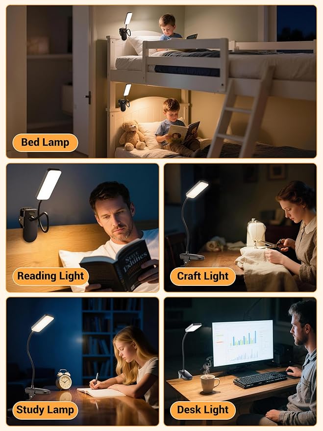 Clip on Light,9 Brightness+5 Colors Rechargeable Lamp,4000mAh Battery Powered Lamp,450 Lumen 48 LED Desk Lamp with Clamp,Cordless & Wireless Lamp,Reading Light for Bed/Headboard/Table/Dorm/Home Office