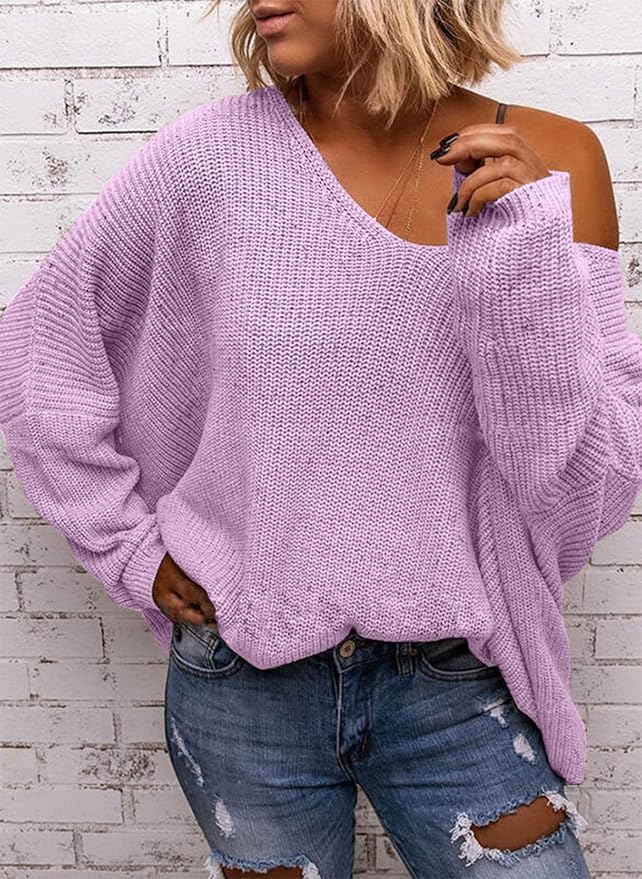 BZB Women's V Neck Long Sleeve Knit Loose Oversized Pullover Sweater Top