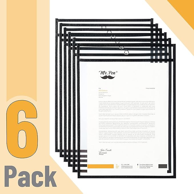 Mr. Pen- Reusable Dry Erase Pocket Sleeves, 10.2" x 14", 6 Pack, Black, Clear Plastic Paper Sleeves, Ticket Holders, Clear Plastic Sheet Protectors, Teacher, School, Classroom Supplies